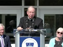 Archbishop William Lori of Baltimore speaks at the grand opening and blessing ceremony of Mother Mary Lange Catholic School in Baltimore, Md., Aug 6, 2021.